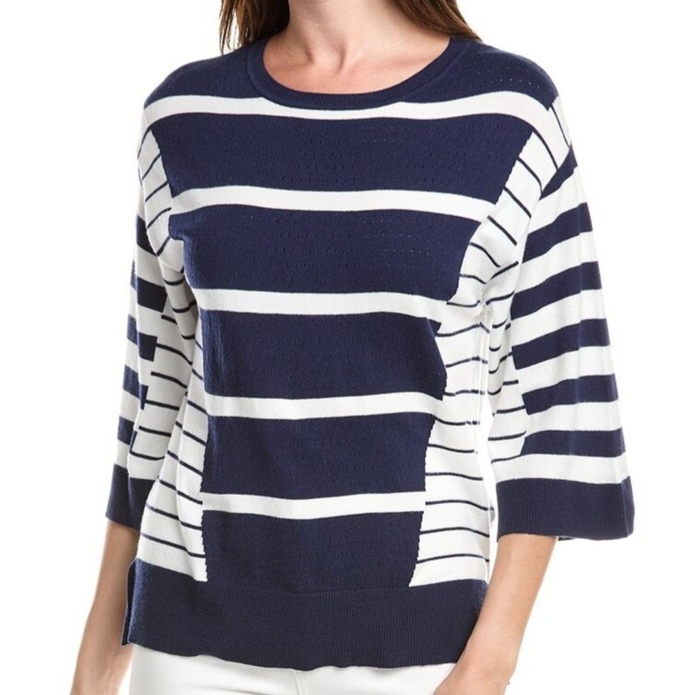 T Tahari Wide Short Sleeve Sweater Navy White Stripe Crewneck Womens L NWT